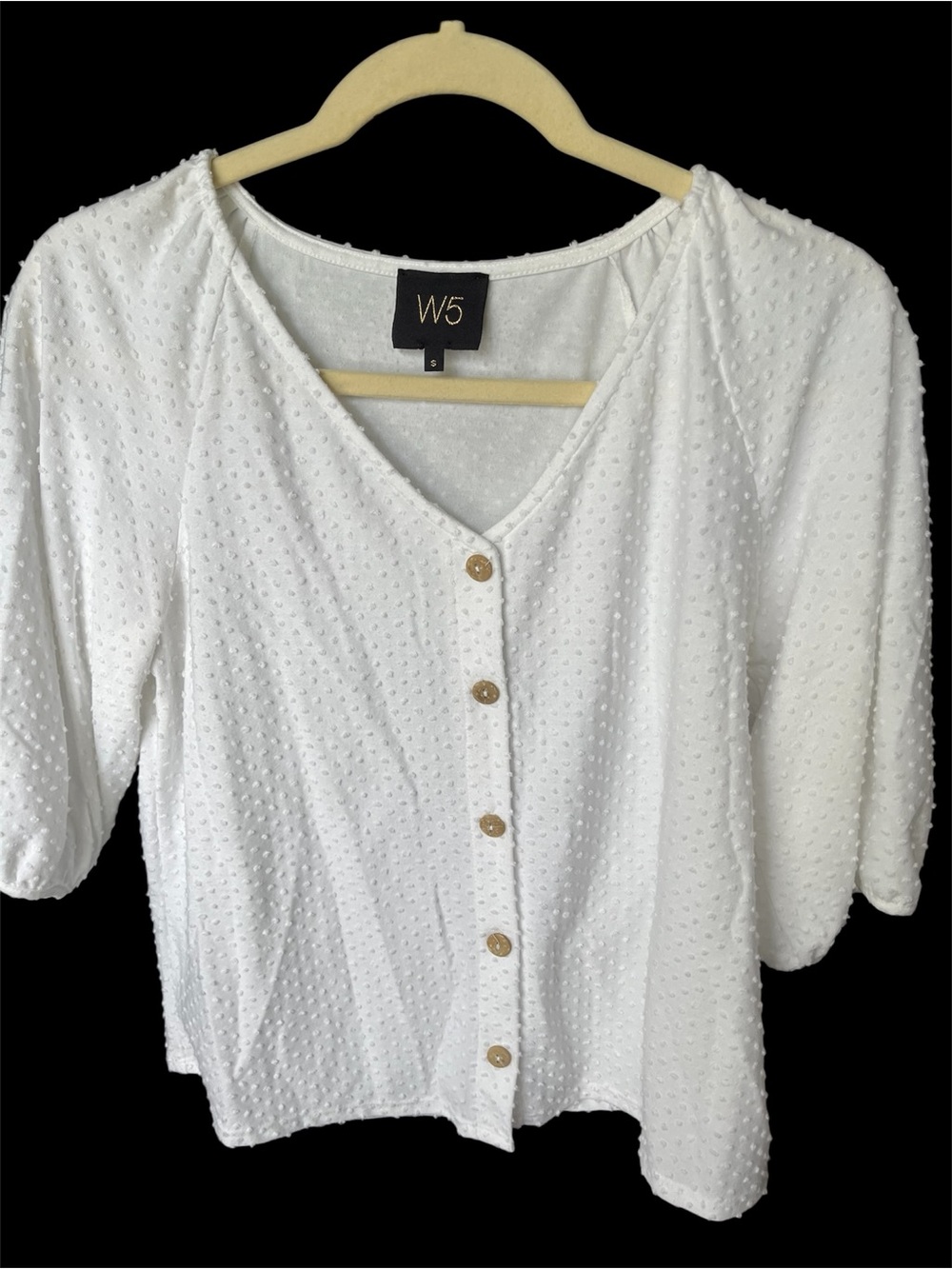 W5 White Swiss Dot Button-Front V-Neck Top